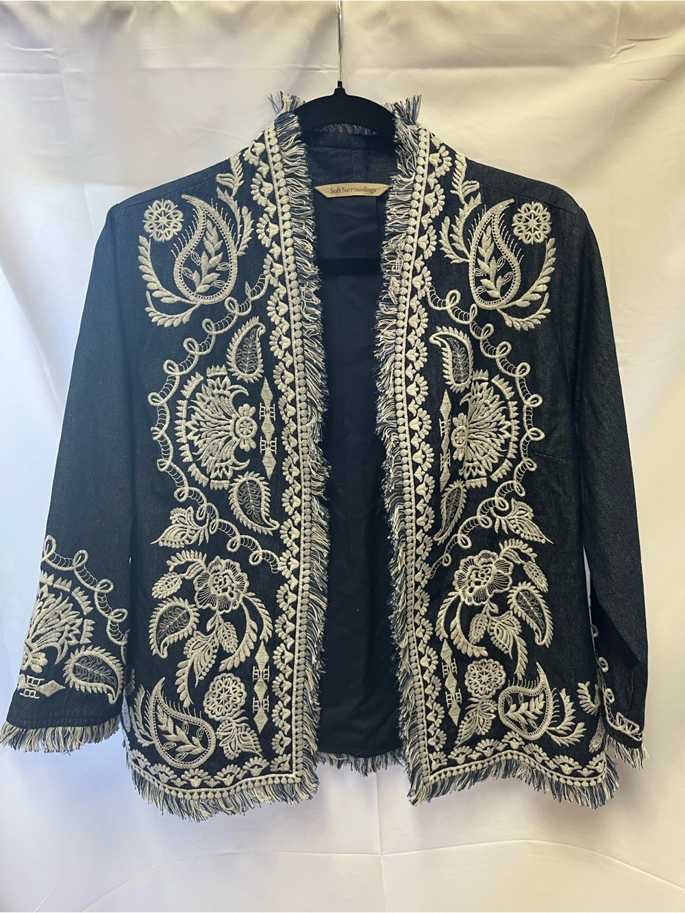 Soft Surroundings Dark denim color Open-Front Jacket with Cream Floral Embroider